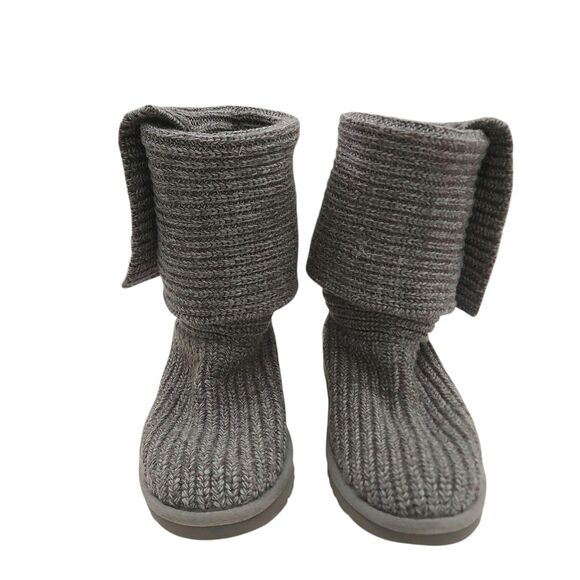 UGG Cardi Ribbed Knit Boots Womens 8 Gray Button Sheepskin Lining Tall Short - Picture 4 of 13